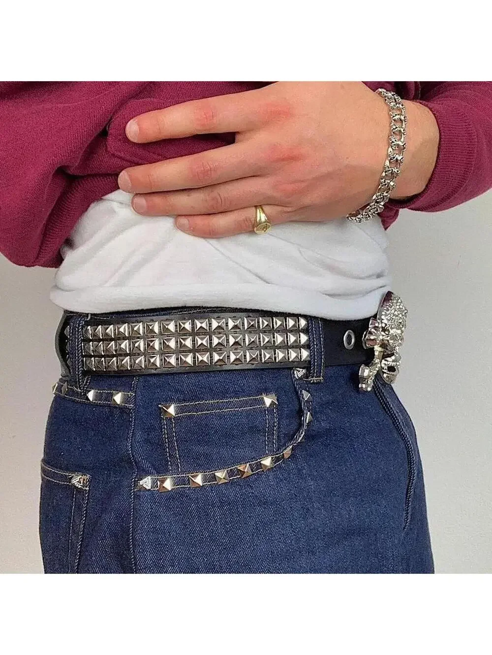 Vintage y2k 2000s Punk Style Diamond Studded Skeleton black essential belt.